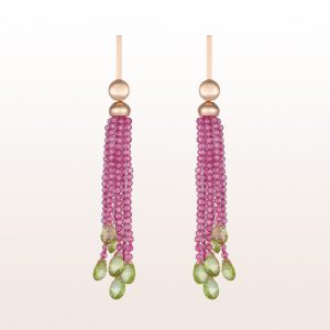Earrings with pink spinel and peridot in 18kt rose gold