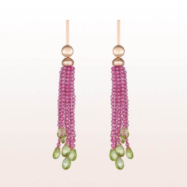 Earrings with pink spinel and peridot in 18kt rose gold