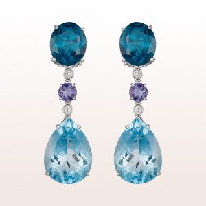 Earrings with topaz, iolite, brilliants 0,10ct in 18kt white gold