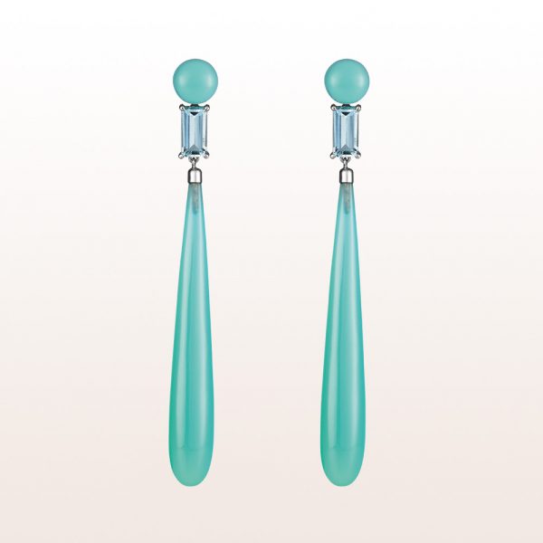 Earrings with blue agate and aquamarine 8,60ct in 18kt white gold