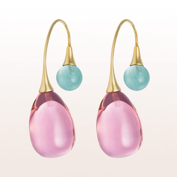 Earrings with prasiolites and rose quartz in 18kt yellow gold