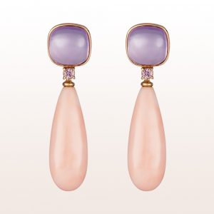 Earrings with amethyst, pink sapphire 0,14ct and pink corals in 18kt rose gold