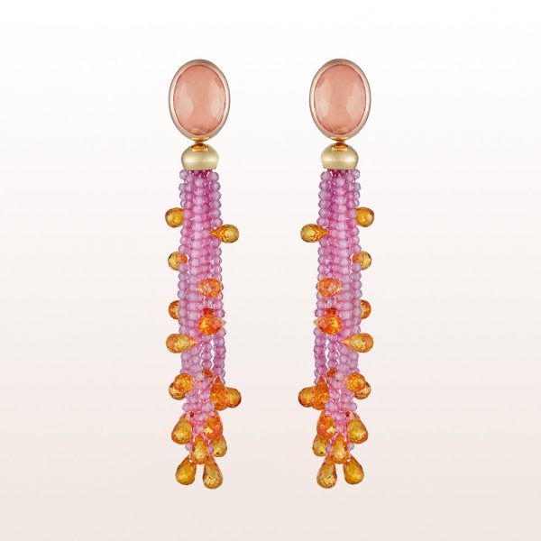 Earrings with rose quartz 1,02ct, pink sapphire and garnet in 18kt yellow gold