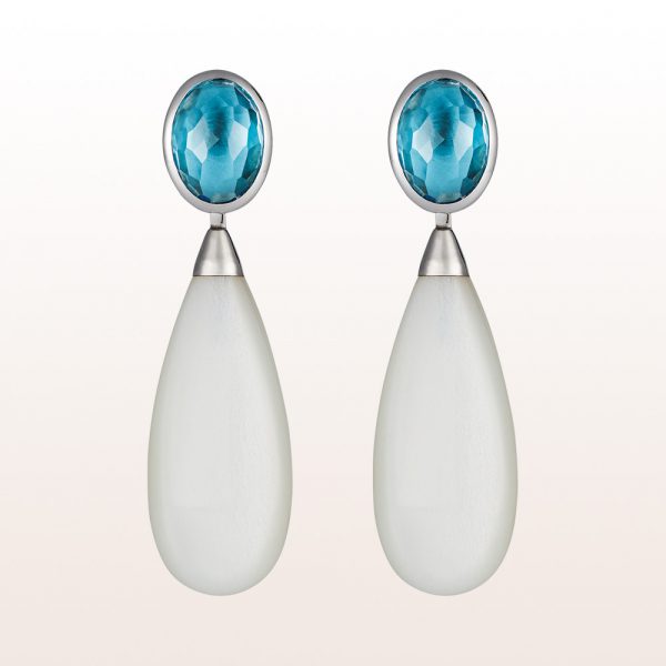 Earrings with topazes 1,59ct and white moonstone drops in 18kt white gold