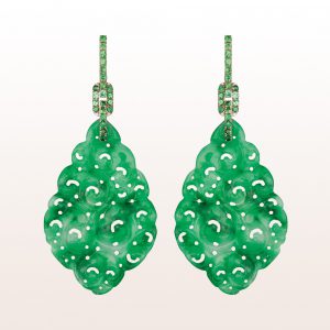 Earrings with green jade and tsavorite 0,97ct in 18kt white gold