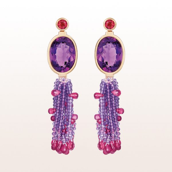 Earrings with rubellite and amethyst in 18kt yellow gold