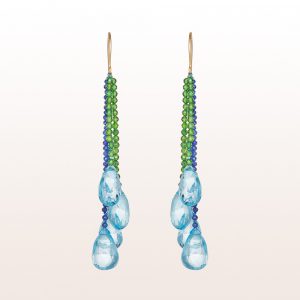 Earrings with diopside, lapis lazuli and topaz on 18kt yellow gold hooks