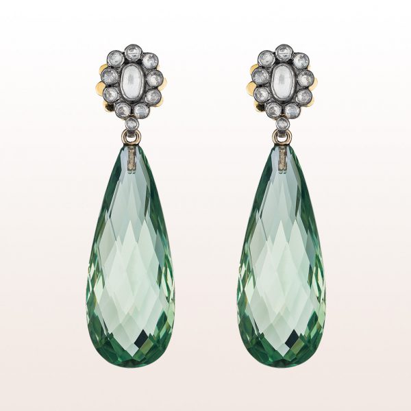 Earrings with white topas flowers and prasiolite drops in 18kt yellow gold