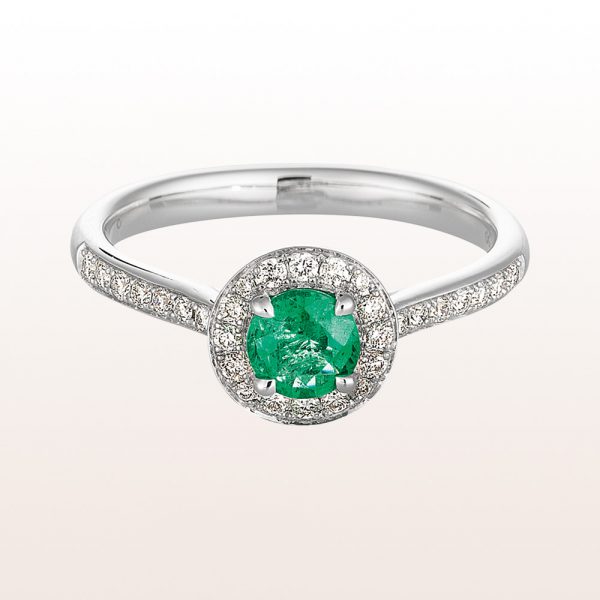 Ring with emerald 0,44ct and brilliant cut diamonds 0,28ct in 18kt white gold