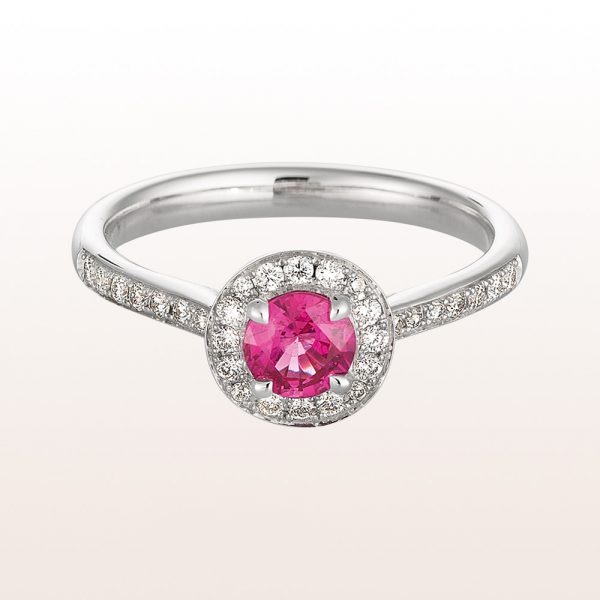 Ring with pink sapphire 0,52ct and brilliant cut diamonds 0,28ct in 18kt white gold