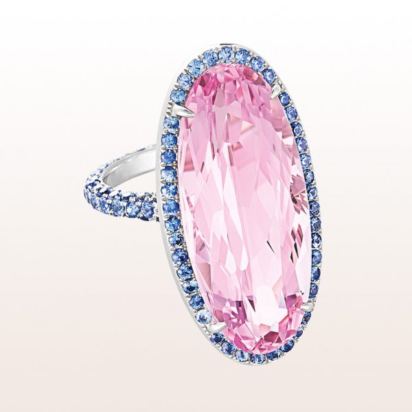Ring morganite 17,63ct and sapphire in 18kt white gold