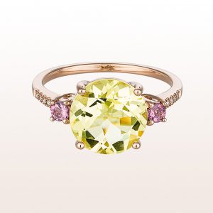 Ring with lemon quartz, rubellite and brilliant cut diamonds 0,04ct in 18kt rose gold