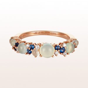 Ring with chalcedony, sapphire, aquamarine and brilliant cut diamonds 0,12ct in 18kt rose gold