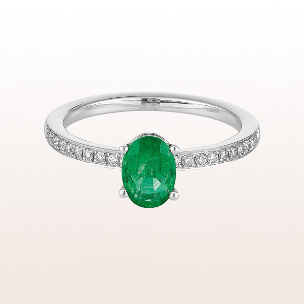 Ring with emerald 0,68ct and brilliant cut diamonds 0,16ct in 18kt white gold