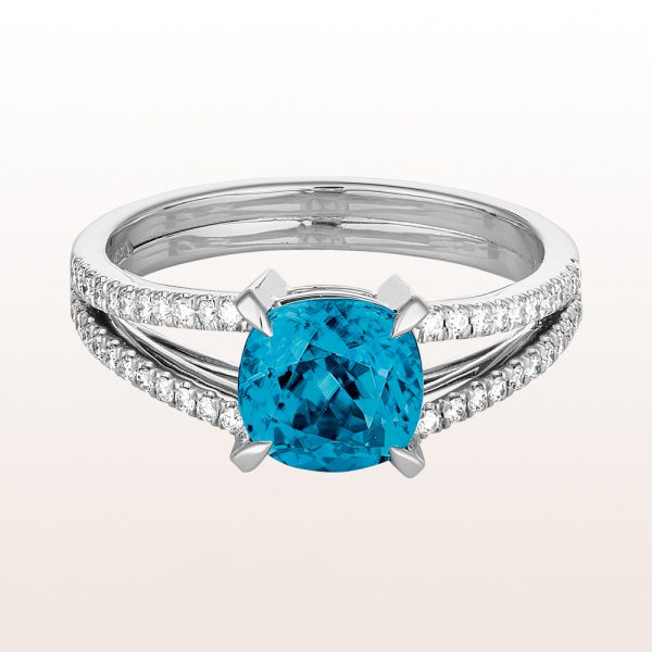 Ring with blue zircon 2,83ct and brilliants 0,24ct in 18kt white gold