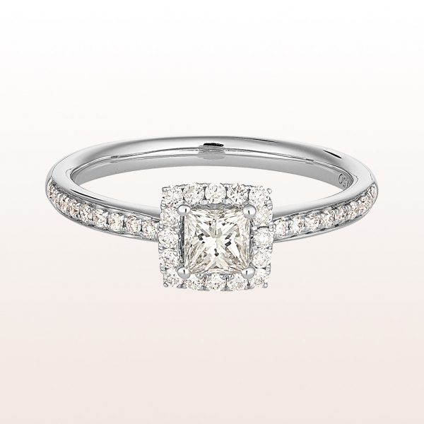Ring mit princess cut Diamant 0,38ct und Brillanten 0,23ct in 18kt Weißgold