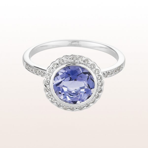 Ring with iolite 1,63ct and brilliant cut diamonds 0,18ct in 18kt white gold