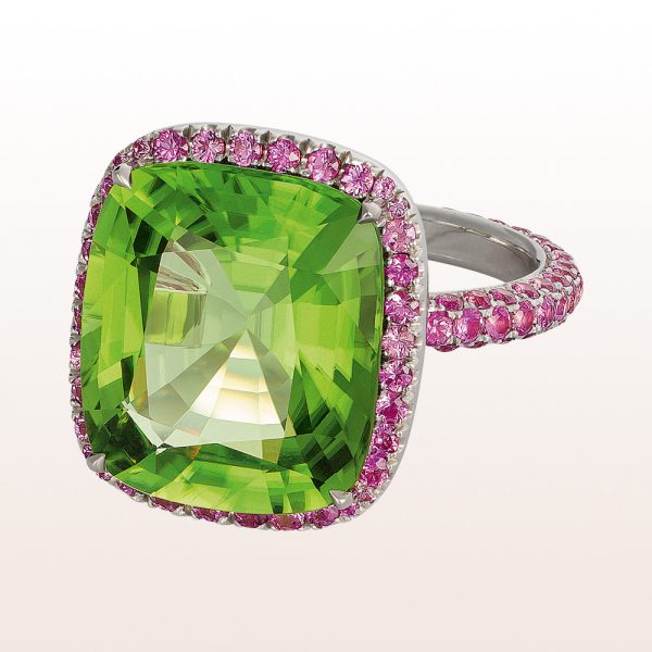 Ring with peridot and pink sapphire in 18kt white golddie