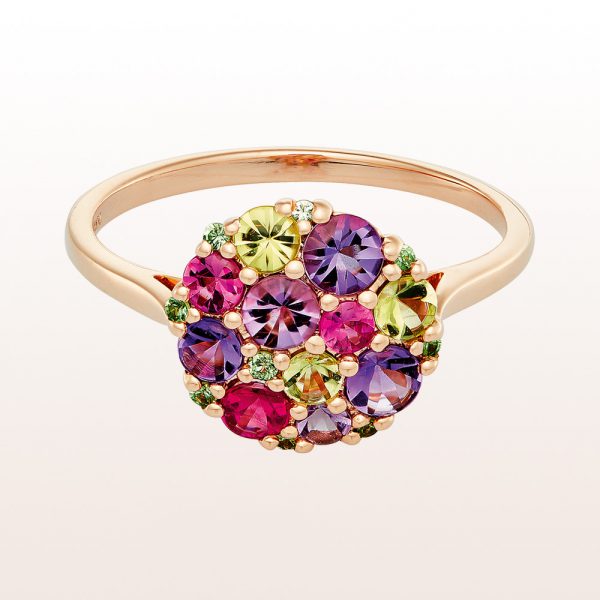 Ring with amethyst, peridote, pink sapphire and tsavorite in 18kt yellow gold