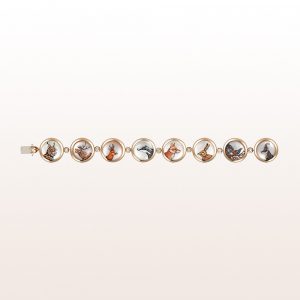 Hunting themed bracelet (lynx, deer, roe deer, badger, fox, rabbit, grouse, chamois) on crystal quartz, mother of pearl and brilliant cut diamonds 0,46ct in 18kt yellow gold