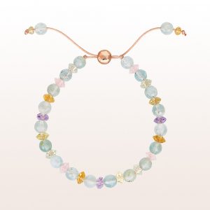 Bracelet with aquamarine and multi-coloured quartz with gold plated silver clasp