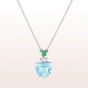 Necklace with heart shaped topaz 0,02ct and emerald 0,15ct in 18kt white gold