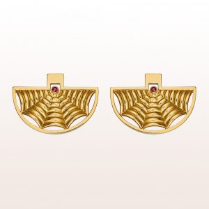 Earrings "fan" from the artist Hans Hollein with rubies 0,10ct in 18kt yellow gold