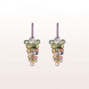 Earrings with multi coloured sapphire, pink sapphire and brilliants in 18kt white gold