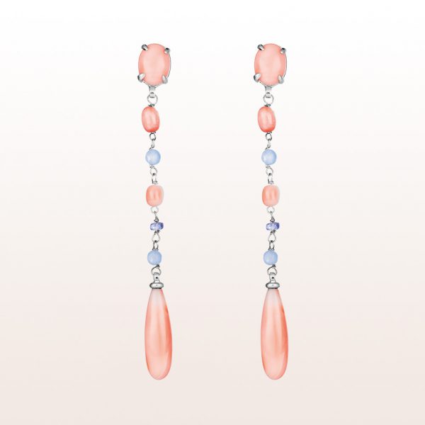 Earrings with coral, chalcedony and tansanite in 18kt white gold