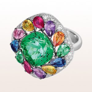 Ring with green tourmaline 8,66ct, amethyst 0,56ct, ruby 0,67ct, multi-coloured sapphire 2,54ct and brilliants 1,16ct in 18kt white gold