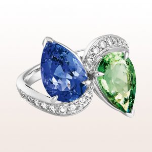 Ring with green tourmaline drops 2,47ct, tansanite drops 3,05ct and brilliants in 18kt white gold