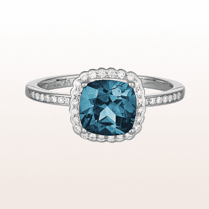 Ring with topaz 1,69ct and brilliant cut diamonds 0,15ct in 18kt white gold