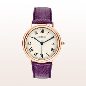 Köchert Uhr aus 18kt Roségold mit crémefarbenem Ziffernblatt, blauen Zeigern, Saphirkrone und violettem Uhrband
