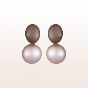 Earrings with brown moon stone and pink sweet water pearls in 18kt white gold