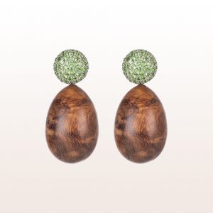 Earrings with tsavorite 1,16ct and amboina wood in 18kt white gold