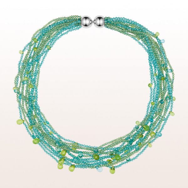 Necklace with apatite, peridote and a 18kt white gold ball clasp