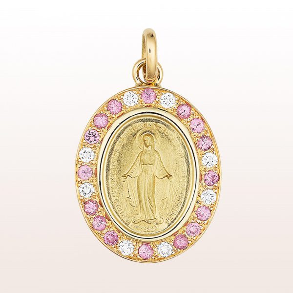 Pendant with a Madonna (18mm) with pinks sapphire 0,44ct and diamonds 0,16ct in 14kt yellow gold