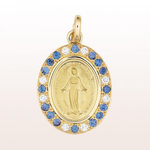 Pendant with a Madonna (20mm) with sapphire 0,40ct and diamonds 0,17ct in 14kt yellow gold