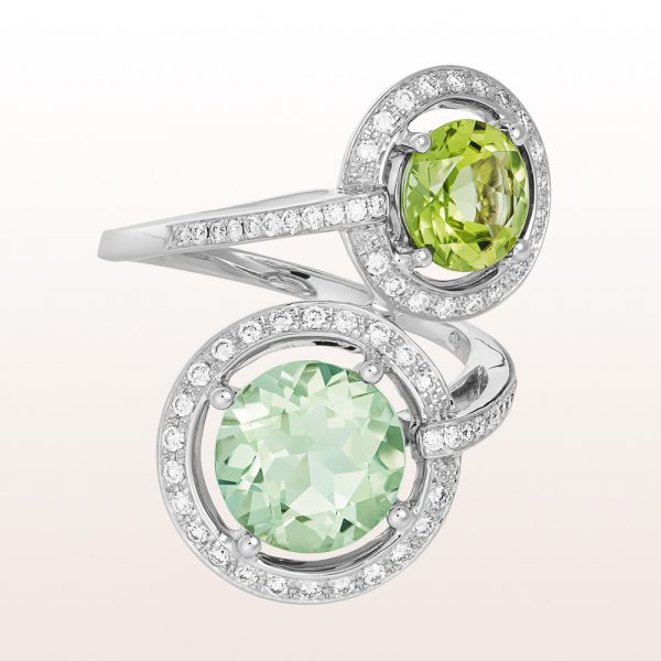 Ring with prasiolite, peridote and brilliants 0,36ct in 18kt white gold