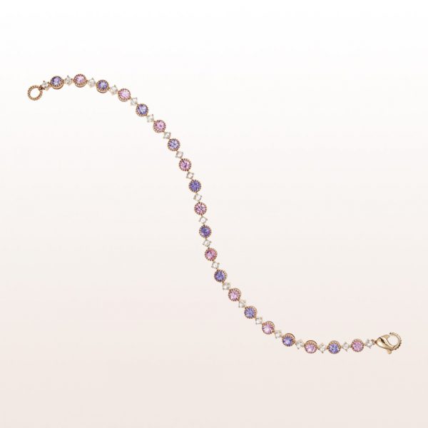 Bracelet with pink and purple sapphire and brilliant cut diamonds in 18kt rose gold