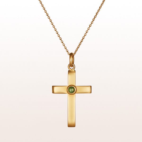 Cross-pendant with green tourmaline cabochon in 18kt yellow gold