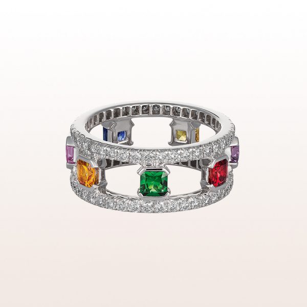 Ring tsavourite 0,22ct, ruby 0,24ct, multi-coloured sapphire 1,24ct and brilliants 1,18ct in 18kt white gold
