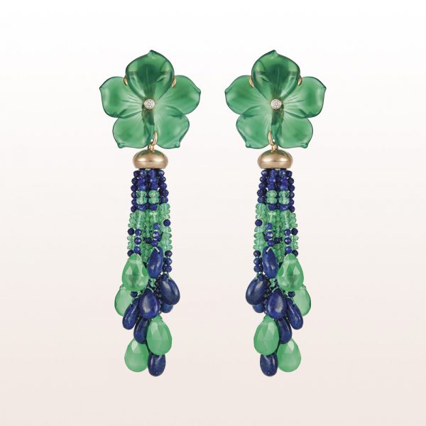 Earrings with green agate, lapis lazuli, emerald and brilliants 0,07ct in 18kt rose gold