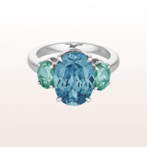 Ring with blue zircon 8,33ct and tourmalines 1,87ct in 18kt white gold.